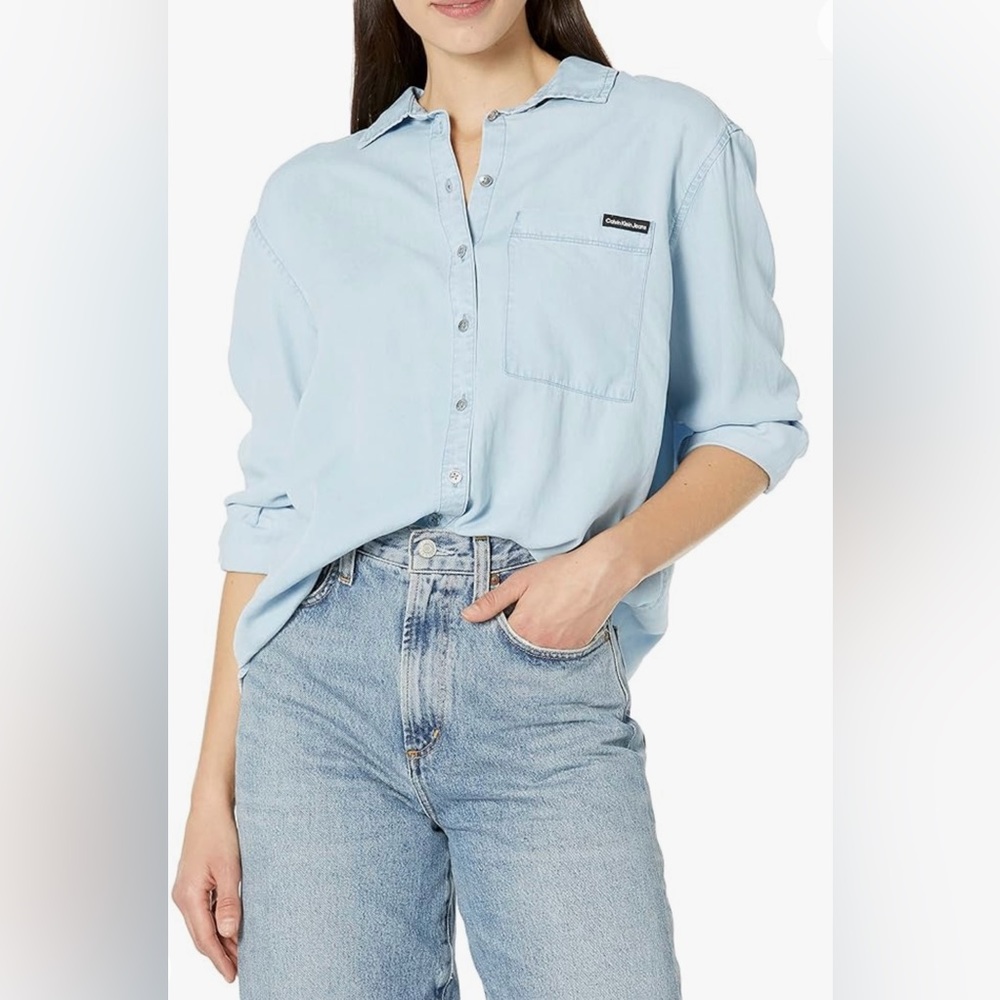 Calvin Klein Women's Split Hem Button Down Shirt with Roll Tab Sleeves